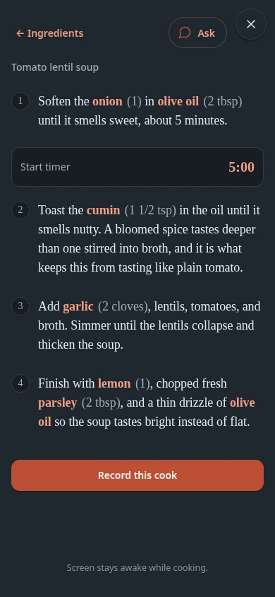 Alchemy cooking screen